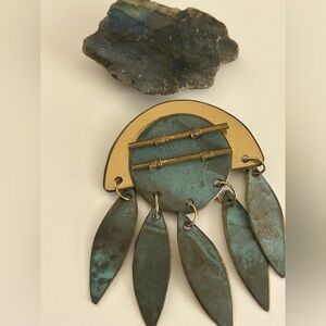 Modernist Brooch Metal Arc hand-wired bars, Verdigris blue green oval dangles